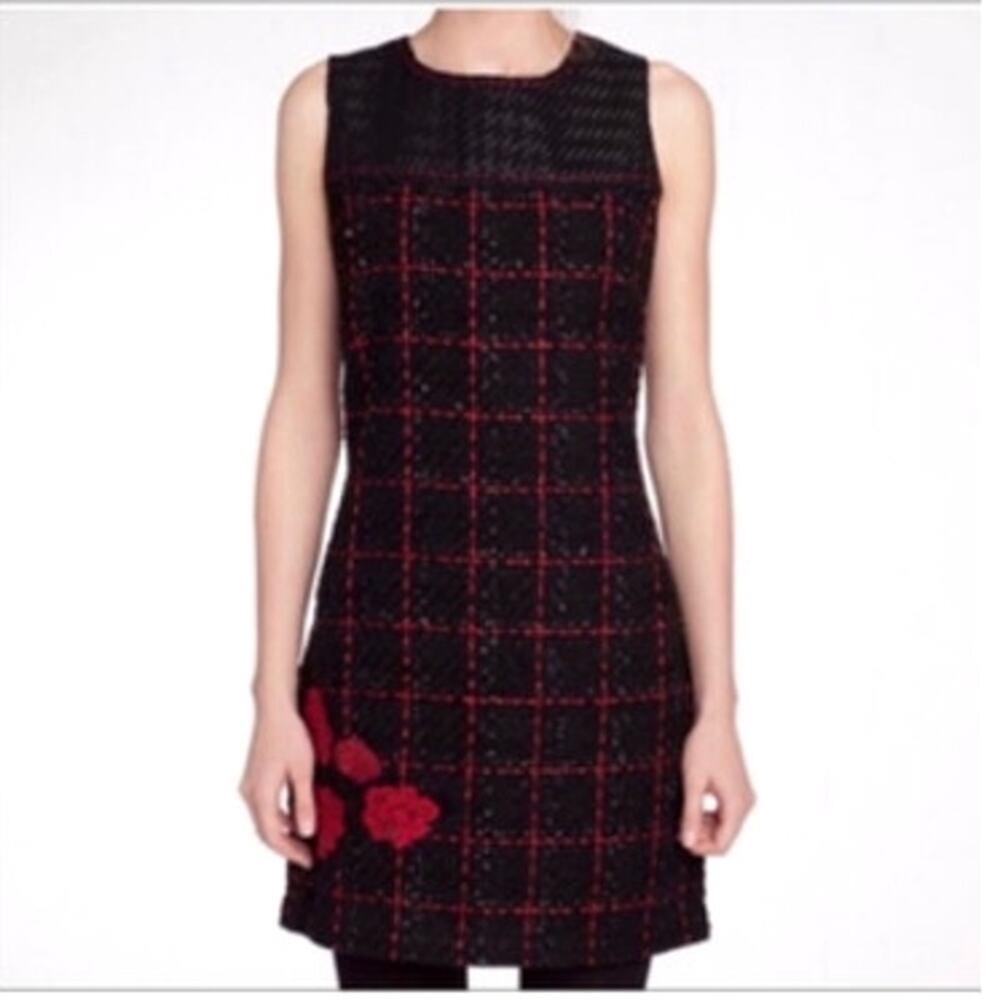 Desigual Black Mini Dress with Red Windowpane and Floral Accents